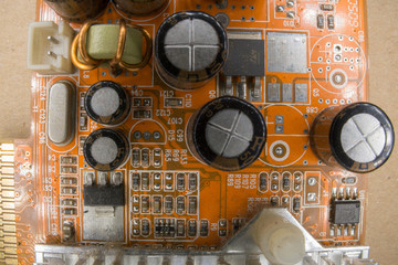 Electronic circuit board close up.