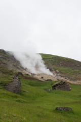 Grüne Landschaft mit heißen Quellen und Wasserfällen - Hengill Geothermalgebiet / Island