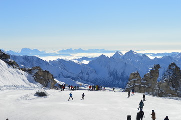 View at snowy mountains at ski area