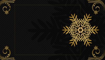 black christmas background with golden ornaments and snowflakes gift looking