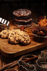 Chocolate cookies on wooden table. Chocolate chip cookies shot