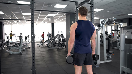 Male bodybuilder lifting dumbbells in gym, sport exercises for health, back view