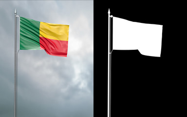 3d illustration of the state flag of the Republic of Benin moving in the wind at the flagpole in front of a cloudy sky with its alpha channel