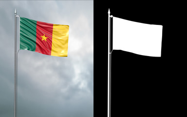 3d illustration of the state flag of the Republic of Cameroon moving in the wind at the flagpole in front of a cloudy sky with its alpha channel