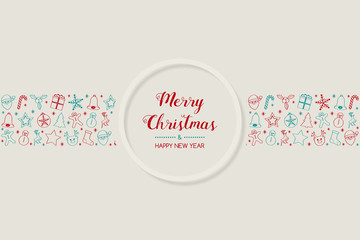 Merry Christmas and Happy New Year - greeting card with hand drawn ornaments. Vector.