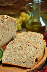 Rye bread sliced on a wooden board