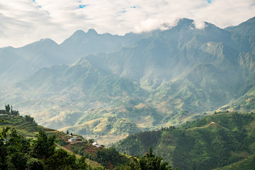 Fototapeta premium Aerial view of Sapa, Vietnam. Sapa is one of the must-visit locations in the north of Vietnam with its cool weather and the beutiful scenes