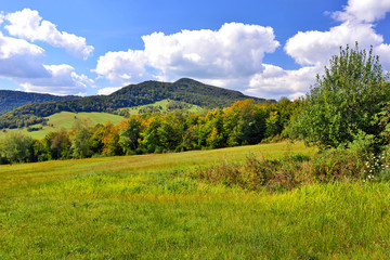 Mountain with green meadow and blue sky in autumn landscape, Low Beskids (Beskid Niski), Slovakia