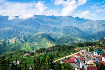 Fototapeta premium Aerial view of Sapa, Vietnam. Sapa is one of the must-visit locations in the north of Vietnam with its cool weather and the beutiful scenes