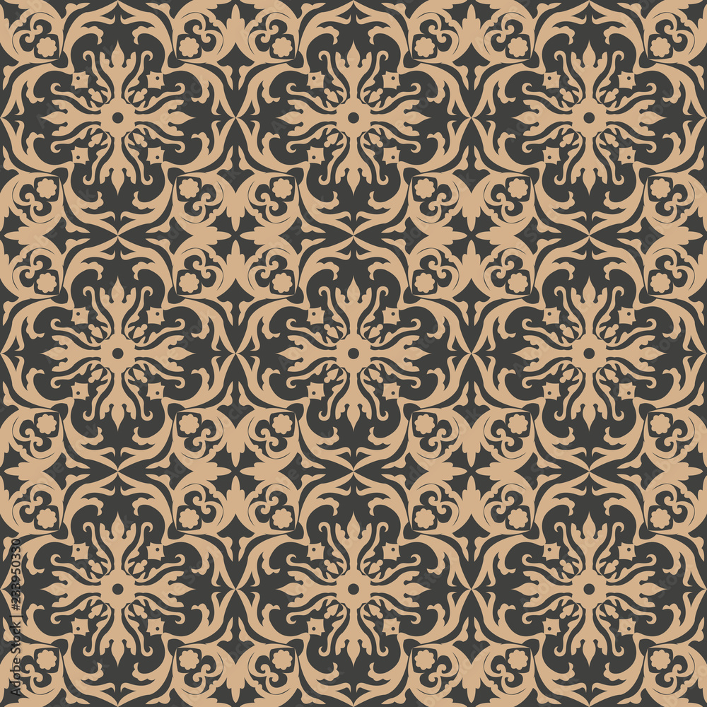 Wall mural vector damask seamless retro pattern background spiral curve cross leaf flower frame kaleidoscope