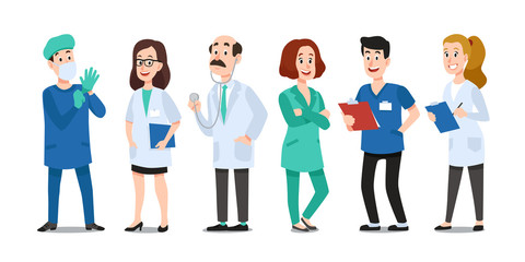 Medicine doctors. Medical physician, hospital nurse and doctor with stethoscope. Medic healthcare workers cartoon vector characters set