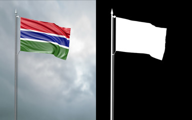 3d illustration of the state flag of the Republic of The Gambia moving in the wind at the flagpole in front of a cloudy sky with its alpha channel