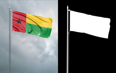 3d illustration of the state flag of the Republic of Guinea-Bissau moving in the wind at the flagpole in front of a cloudy sky with its alpha channel