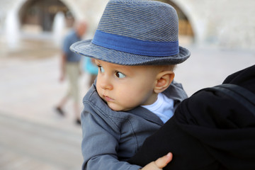 Adorable Baby Boy With Hat And Suit Jacket