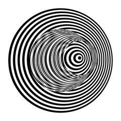 Abstract black and white striped round object. Geometric pattern with visual distortion effect. Optical illusion. Op art. Isolated on white background.