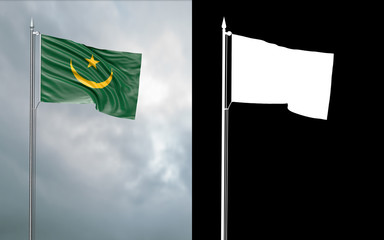 3d illustration of the state flag of the Islamic Republic of Mauritania moving in the wind at the flagpole in front of a cloudy sky with its alpha channel