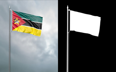 3d illustration of the state flag of the Republic of Mozambique moving in the wind at the flagpole in front of a cloudy sky with its alpha channel