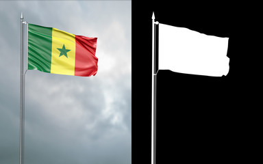 3d illustration of the state flag of the Republic of Senegal moving in the wind at the flagpole in front of a cloudy sky with its alpha channel