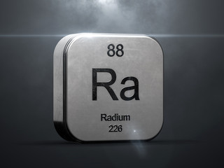 Radium element from the periodic table. Metallic futuristic icon 3D rendered with nice lens flare