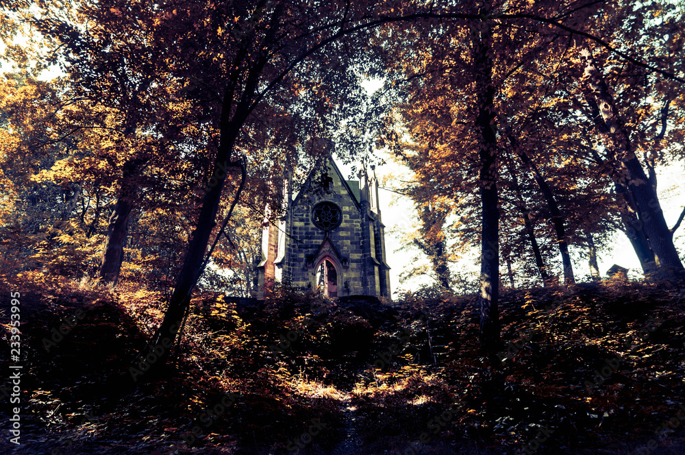 Wall mural chapel ruins at an abandoned cemetery