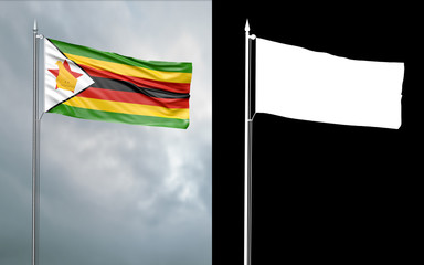 3d illustration of the state flag of the Republic of Zimbabwe moving in the wind at the flagpole in front of a cloudy sky with its alpha channel