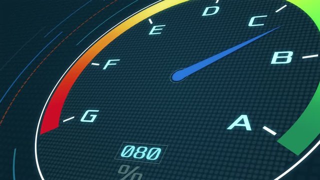 futuristic speedometer with the pointer that pass from class g to class a, concept of energy efficiency (3d render)