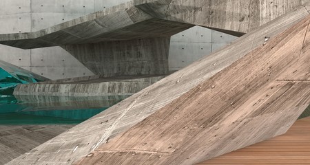 Abstract  concrete and wood interior  with window. 3D illustration and rendering.