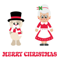 winter christmas dog with scarf in hat and cartoon mrs santa and christmas text