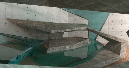 Abstract  concrete and wood interior  with window. 3D illustration and rendering.