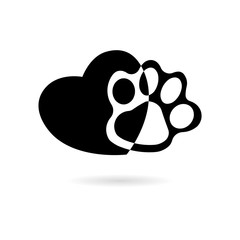 Black Silhouette of a paw print with a heart symbol icon or logo
