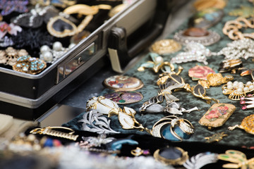 Collection of retro brooches at the flee market