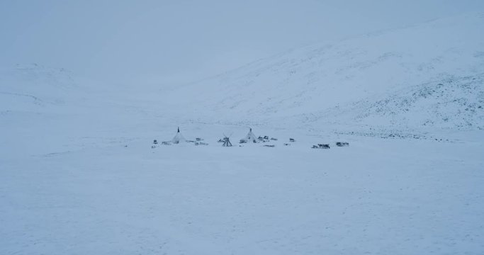 Siberia yurts in the middle of tundra in the evening sleigh and reindeers around video taking with drone from the top.