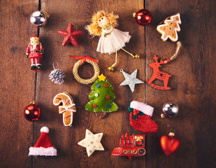 Christmas background. Set with a lot of different colorful baubles and  toys