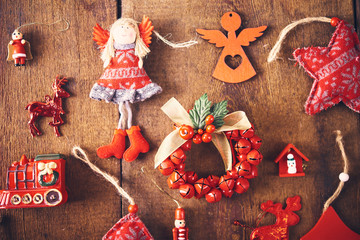 Christmas background. Set with a lot of different red baubles and vintage toys