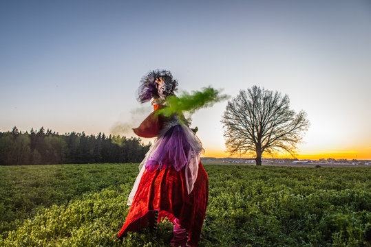 Fairy tale woman on stilts in bright fantasy stylization. Fine art outdoor photo. 