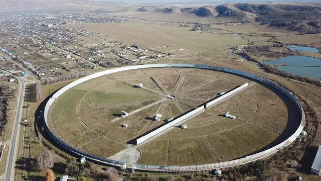 Aerial view from drone to big radio telescope RATAN-600. Zelenchukskaya, Karachay-Cherkessia, Russia