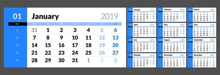 Year 2019 calendar horizontal vector design template with numbers of days of weeks. Week Starts Monday.