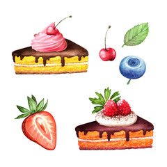 set of watercolor drawings: cupcakes, chocolate, sweets, cookies and berries of cherry, strawberry and blueberry