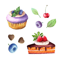 set of watercolor drawings of cupcakes, chocolate, sweets, cookies and berries of cherry, blueberry