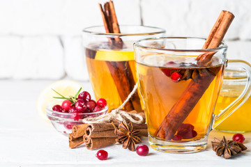 Autumn or winter hot tea with fruit, berries and spices.