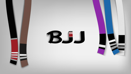 Brazilian jiu jitsu banner. Adult belts with stripes. Bjj logo. 
