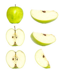 Green apple composition collection in different variations isolated on white background. Whole, cut in half and a slice of apple. Clipping Path