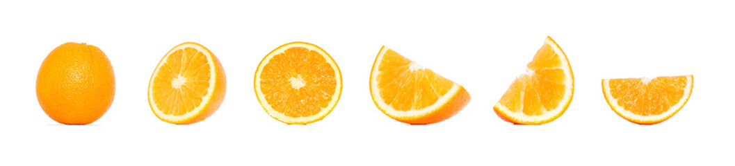 Orange fruit collection in different variations isolated over white background. Whole and sliced...