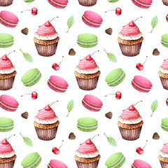 seamless pattern of watercolor drawings of cupcakes, chocolate, sweets, macaroni biscuits and cherry berries