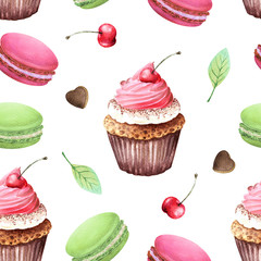 seamless pattern of watercolor drawings of cupcakes, chocolate, sweets, macaroni biscuits and cherry berries