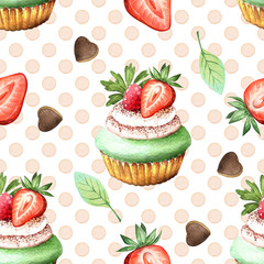seamless pattern of watercolor drawings cupcakes chocolate and strawberries