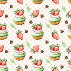 seamless pattern of watercolor drawings cupcakes chocolate and strawberries