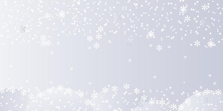 Falling white snow on  silver background. Christmas background. Winter pattern with snowflakes and snowfall. Vector illustration.