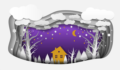 Marry Christmas and Happy New Year paper layered art paper card. Fairy tale night village. Vector illustration