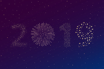 Firework 2019 New year concept on violet night sky background. Christmas card. Congratulations or invitation background. Vector illustration